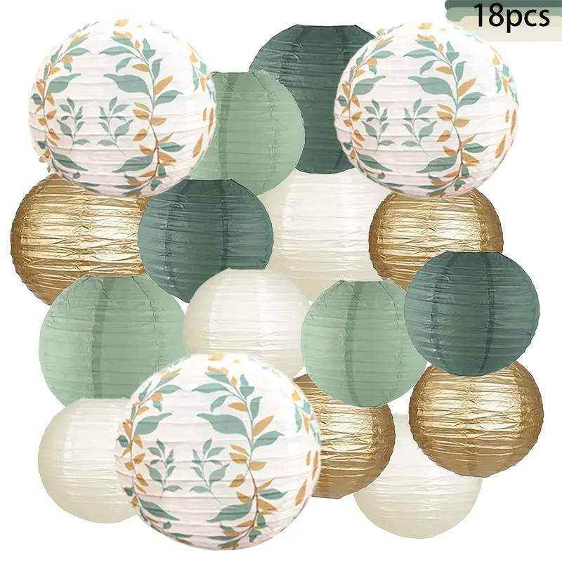 Japanese Lantern Paper - 18-Piece Green Series Sage Gold Branch